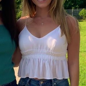 White, ruched spaghetti strap tank top